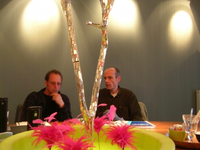 mirrortree and pink feathers